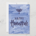 Watercolor Menorah Hanukkah Flat Photo Card<br><div class="desc">A wash of watery blue serves as a subtle backdrop for a textured menorah illustration and inky, hand-lettered Happy Hanukkah text. Don't forget to personalise this two-photo holiday card with your own photos and name text. Add your own special touch with the "customise it" options and change everything from the...</div>