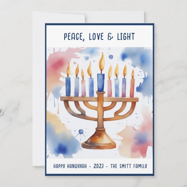 Watercolor Menorah Happy Hanukkah  Holiday Card (Front)