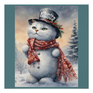 Watercolor Meowy Christmas Cute Cat Snowman   Poster