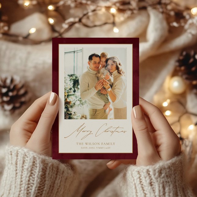 Watercolor Merlot Red 3 Photos Christmas Holiday Card (Creator Uploaded)