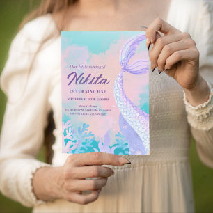 watercolor mermaid 1st birthday Invitation