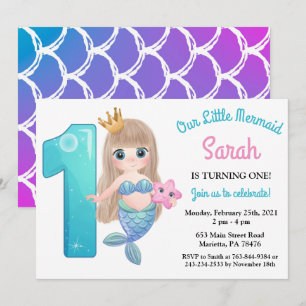 Watercolor Mermaid 1st Birthday Party Invitation
