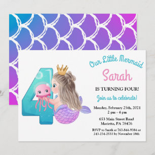 Watercolor Mermaid 4th Birthday Party Invitation