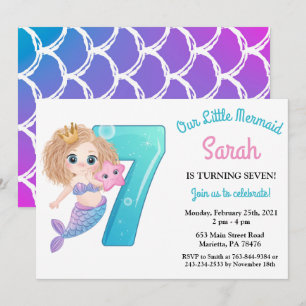Watercolor Mermaid 7th Birthday Party Invitation