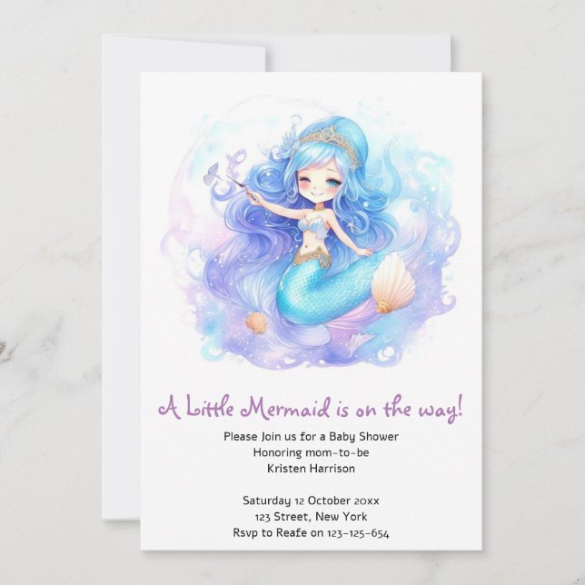 Watercolor Mermaid Baby Girl Shower Invitation (Front)