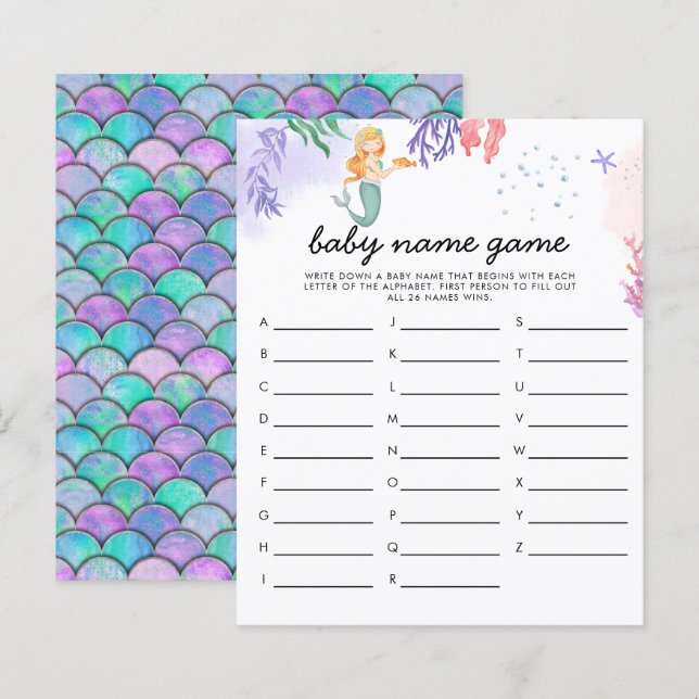 Watercolor Mermaid Baby Shower Game Name Game (Front/Back)