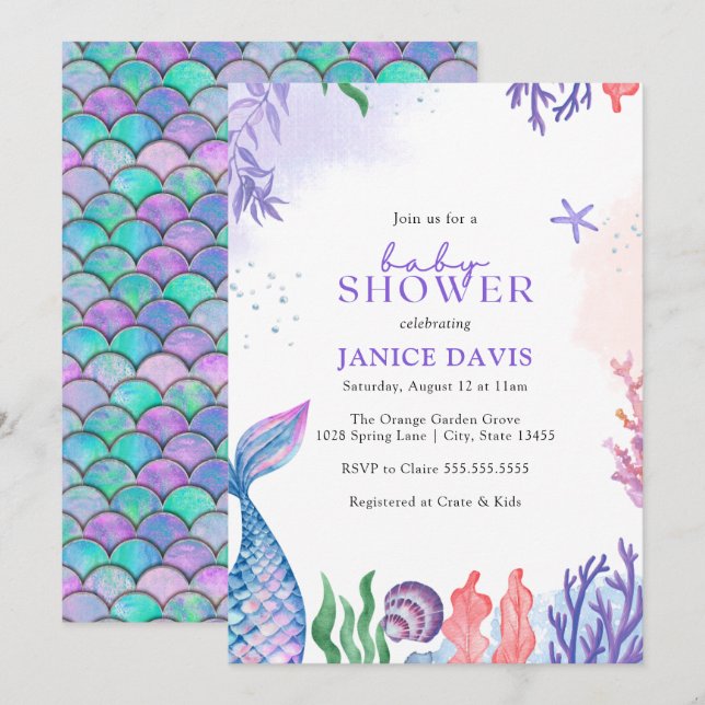 Watercolor Mermaid Baby Shower Invitation (Front/Back)