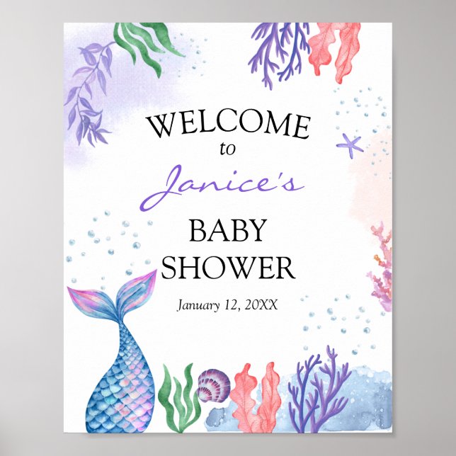 Watercolor Mermaid Baby Shower Welcome Sign (Front)
