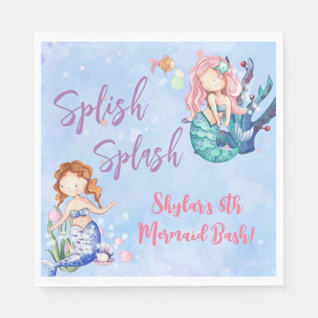 Watercolor Mermaid Bash Birthday   Napkin (Front)