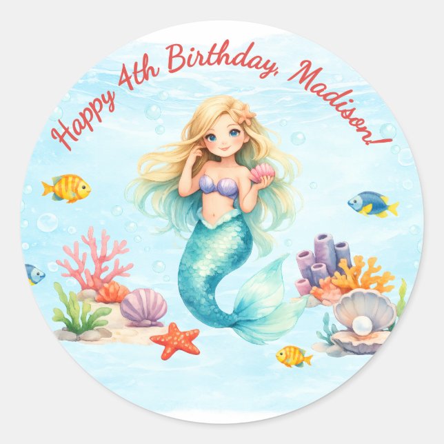 Watercolor Mermaid Birthday Classic Round Sticker (Front)