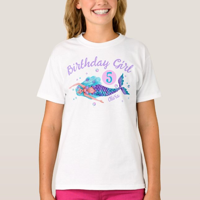 Watercolor Mermaid Birthday Girl T-Shirt (Front)