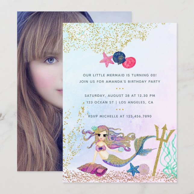 Watercolor Mermaid Birthday Party Photo Invitation (Front/Back)