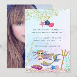 Watercolor Mermaid Birthday Party Photo Invitation