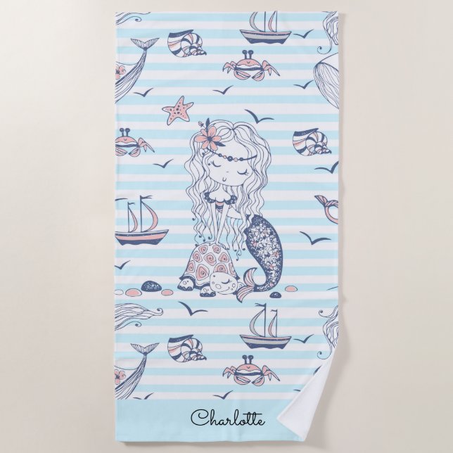 Watercolor Mermaid Blue Stripe Beach Towel (Front)