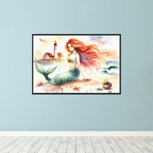 Watercolor Mermaid by Lighthouse Shore Canvas Print