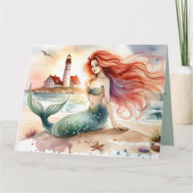 Watercolor Mermaid by Lighthouse Shore