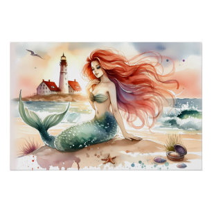Watercolor Mermaid by Lighthouse Shore Poster