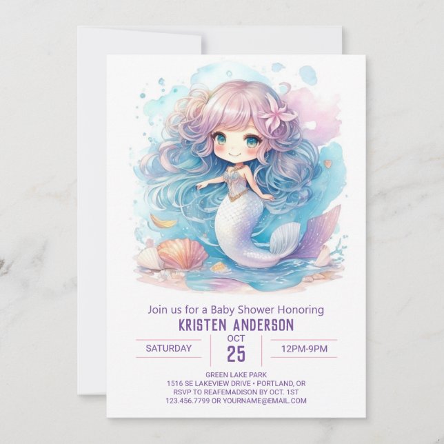 Watercolor Mermaid Fantasy Baby Shower Invitation (Front)