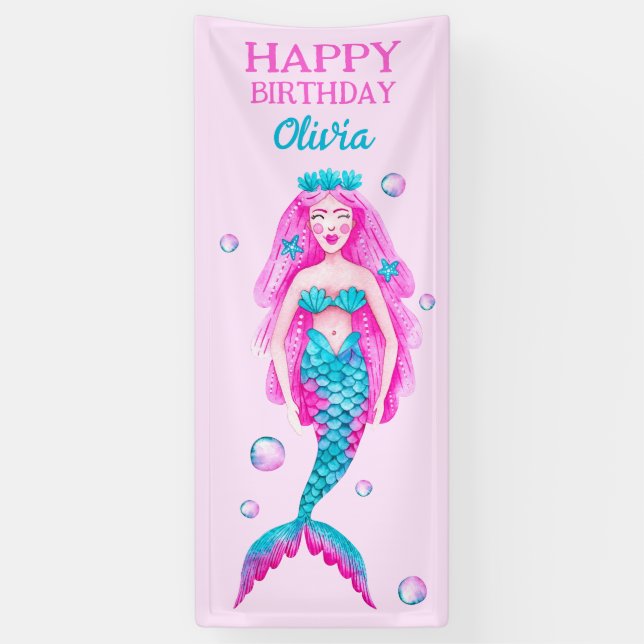 Watercolor Mermaid in Pink and Tuquoise Birthday Banner (Vertical)