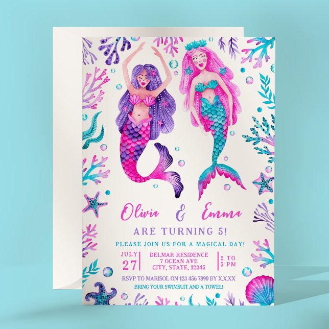 Watercolor Mermaid Joint Birthday Sisters Invitation (Watercolor Mermaid Joint Birthday Sisters Invitation)