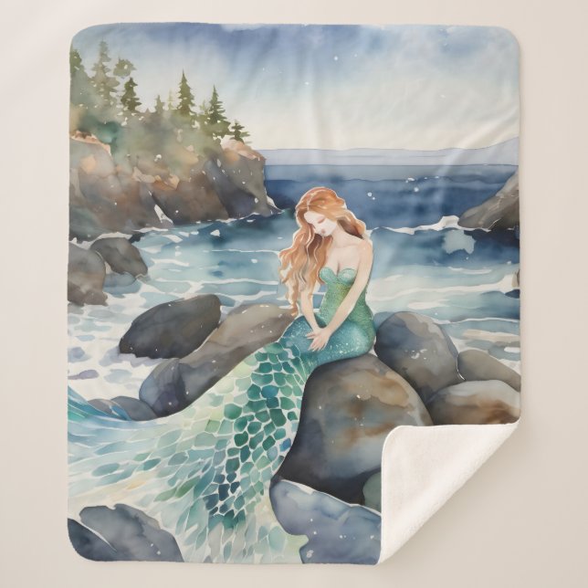 Watercolor Mermaid On A Rock Sherpa Blanket (Front)