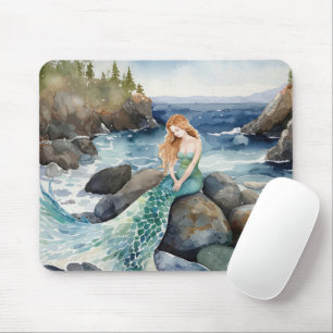 Watercolor Mermaid On Ocean Rocks Mouse Mat