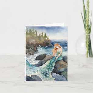 Watercolor Mermaid On Ocean Rocks Note Card