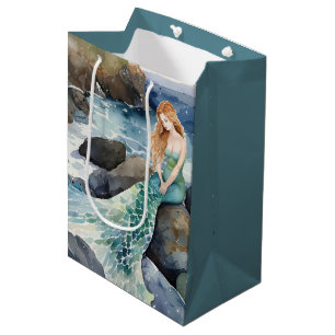 Watercolor Mermaid On Rocks Medium Gift Bag