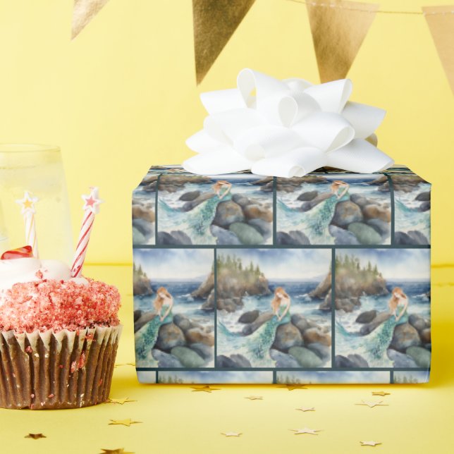 Watercolor Mermaid On Rocks Wrapping Paper (Birthday Party)