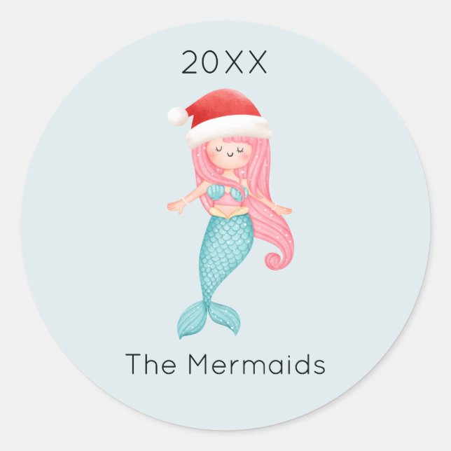 Watercolor Mermaid Santa Christmas Classic Round Sticker (Front)