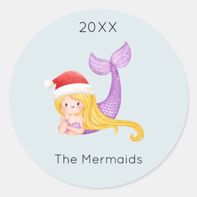 Watercolor Mermaid Santa Christmas Classic Round Sticker (Front)