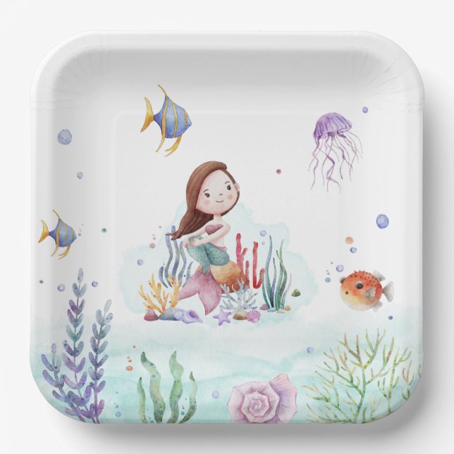 Watercolor Mermaid Sealife Paper Plates (Front)