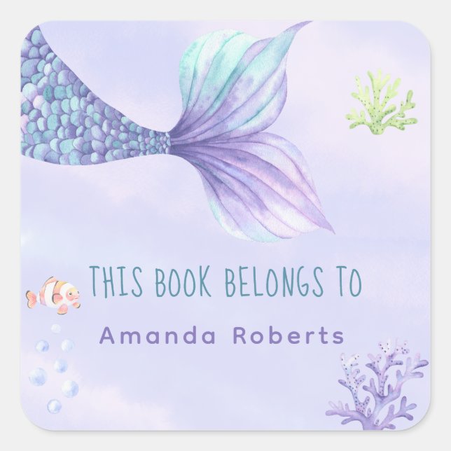 Watercolor mermaid tail - baby shower bookplate square sticker (Front)