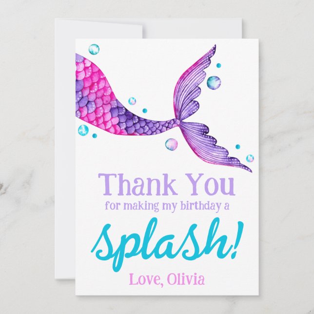 Watercolor Mermaid Tail Birthday Thank You Card (Front)