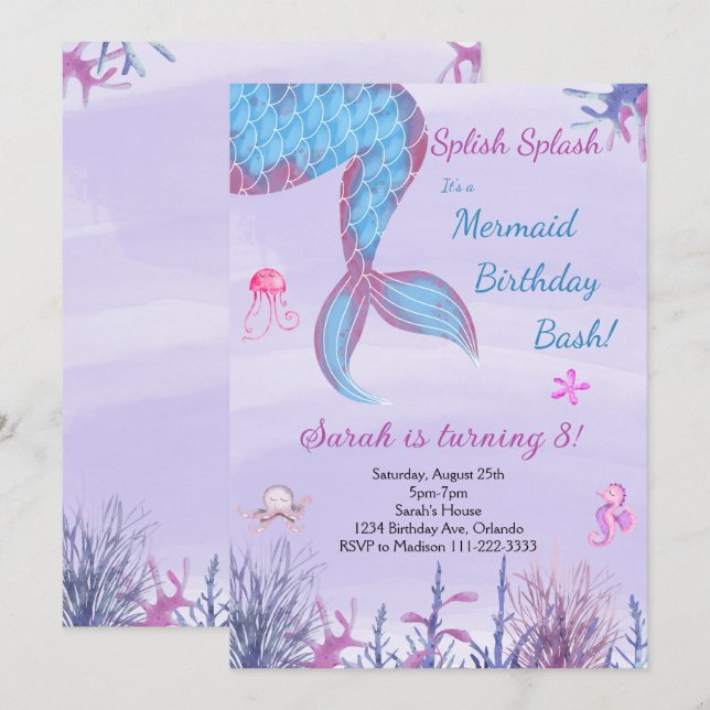 Watercolor Mermaid Tail Purple Birthday Invitation (Front/Back)