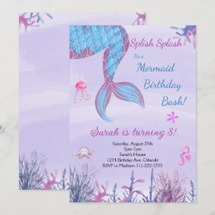 Watercolor Mermaid Tail Purple Birthday Invitation