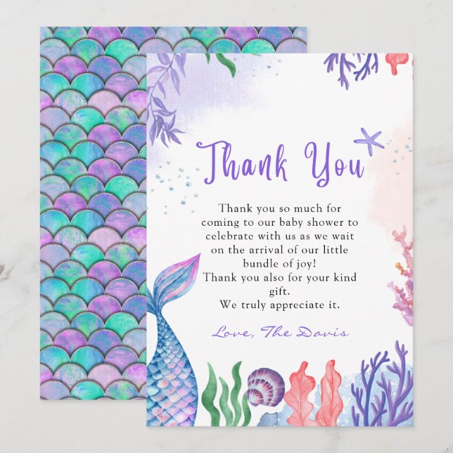 Watercolor Mermaid Thank You Cards (Front/Back)