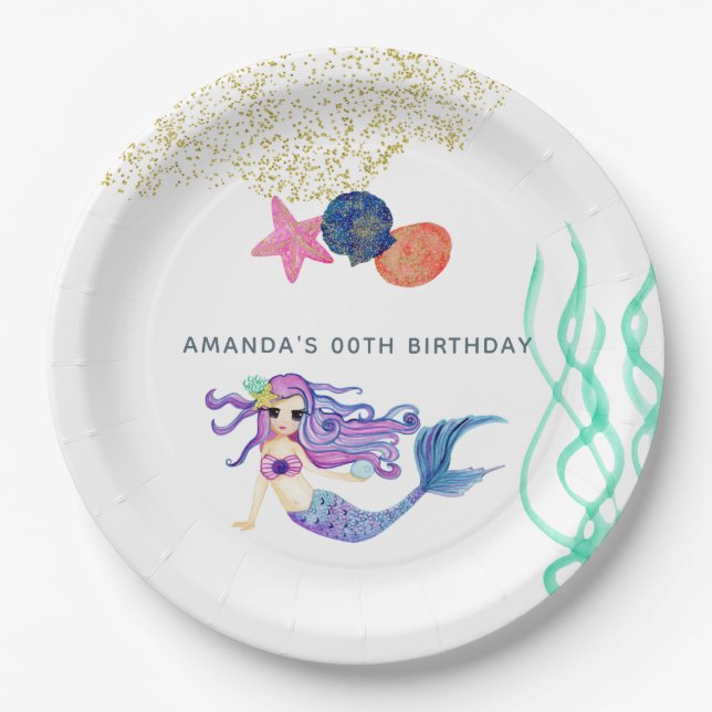 Watercolor Mermaid themed Birthday Party Paper Plate (Front)