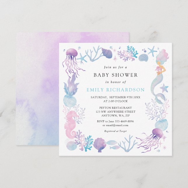 Watercolor Mermaid Under The Sea Baby Shower Invitation (Front/Back)