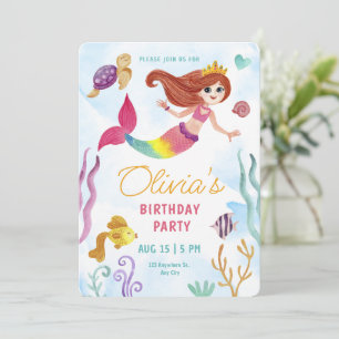 Watercolor Mermaid Under The Sea Birthday Party Invitation