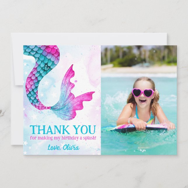 Watercolor Mermaid Under the Sea Thank You Card (Front)