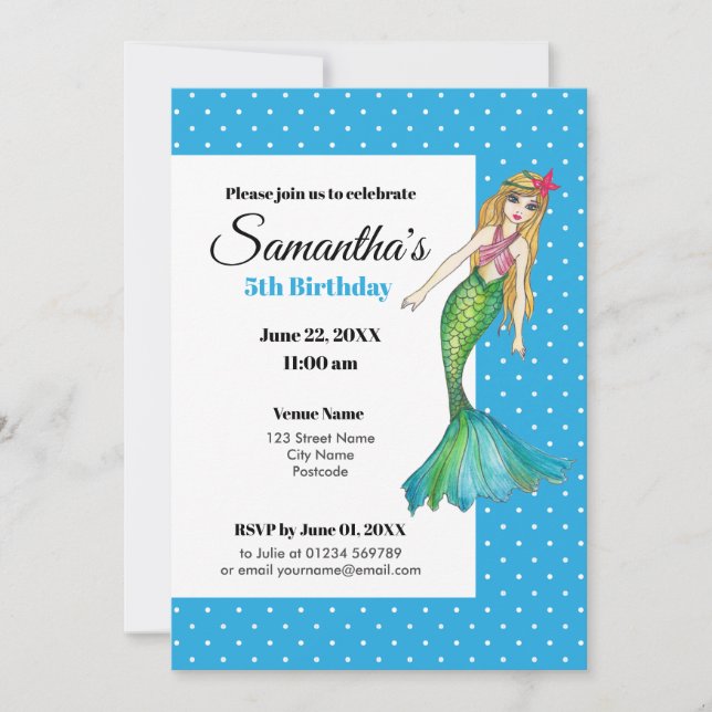 Watercolor Mermaid with Long Blonde Hair Invitation (Front)
