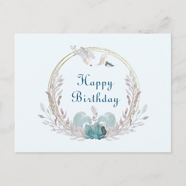 Watercolor Mermaid & Wreath Birthday Postcard (Front)