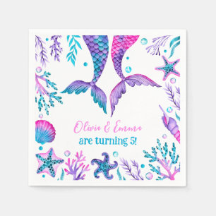 Watercolor Mermaids Joint Sisters Birthday Napkin