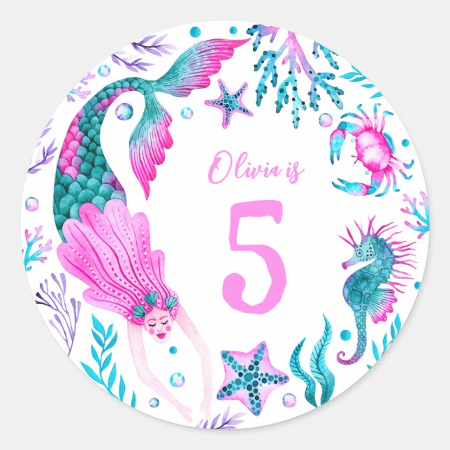 Watercolor Mermaids, Sea Shells + Ocean Creatures Classic Round Sticker (Front)