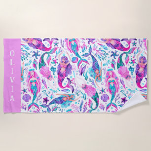 Watercolor Mermaids Sea Shells + Starfish  Beach Towel