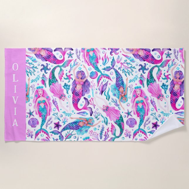 Watercolor Mermaids Sea Shells + Starfish  Beach Towel (Front)