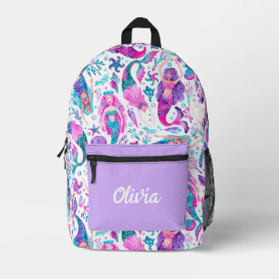 Watercolor Mermaids Sea Shells + Starfish Printed Backpack