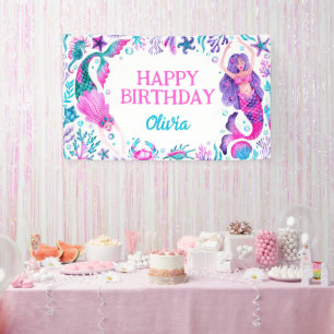 Watercolor Mermaids Under the Sea Birthday  Banner