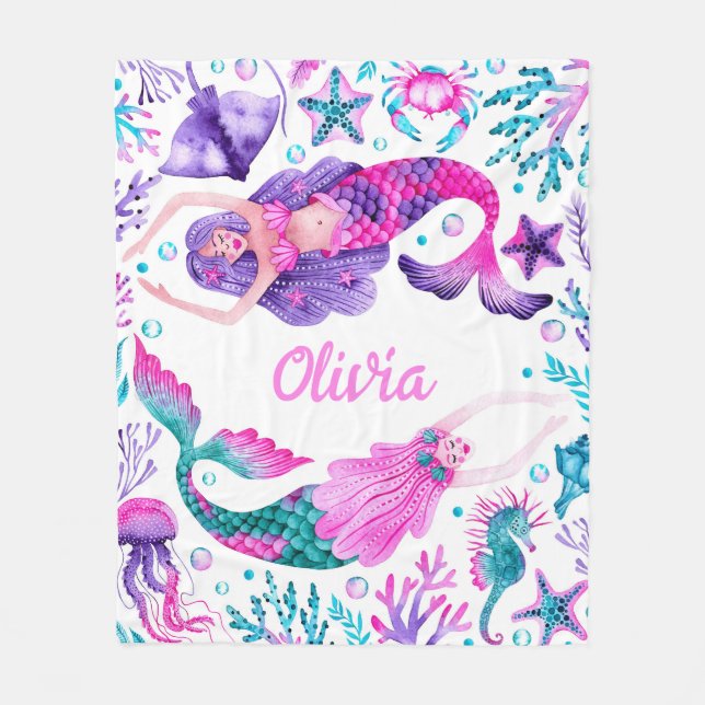 Watercolor Mermaids Under the Sea  Fleece Blanket (Front)